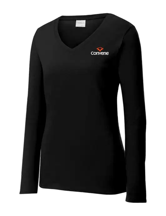 Womens V-Neck Ring Spun Jet Black 4.5 oz Long Sleeve T-Shirt w/Convene Logo