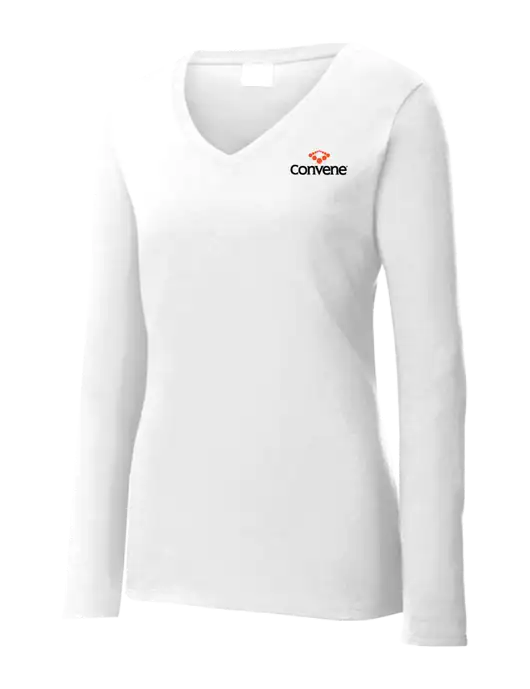 Womens  V-Neck Ring Spun White 4.5 oz Long Sleeve T-Shirt w/Convene Logo