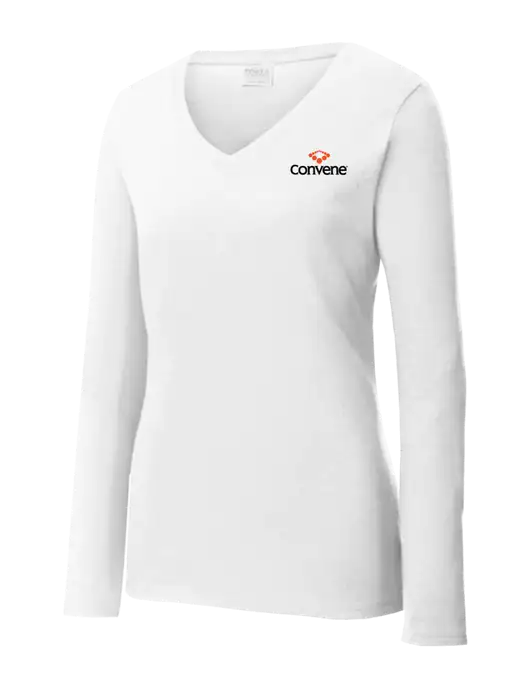 Womens  V-Neck Ring Spun White 4.5 oz Long Sleeve T-Shirt w/Convene Logo
