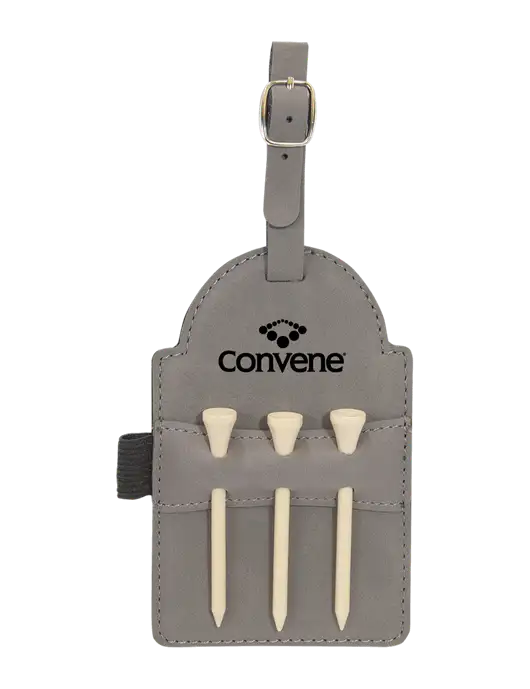 Grey Leatherette Golf Bag Tag with 3 Wooden Tees w/Convene Logo