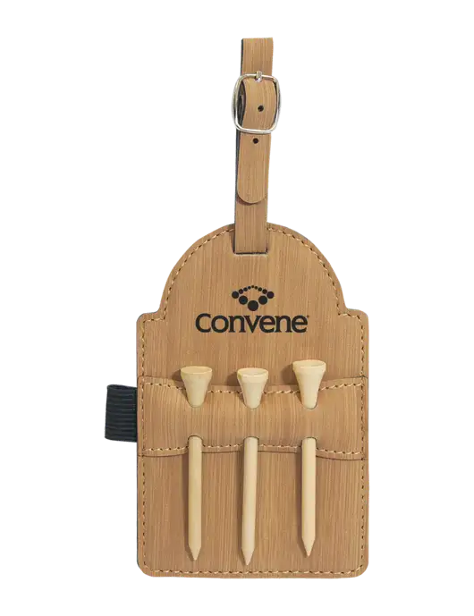 Bamboo Leatherette Golf Bag Tag with 3 Wooden Tees w/Convene Logo