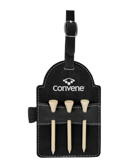 Black Leatherette Golf Bag Tag with 3 Wooden Tees w/Convene Logo
