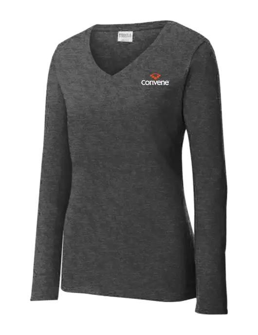 Womens  V-Neck Ring Spun Dark Heather Grey 4.5 oz Long Sleeve T-Shirt w/Convene Logo